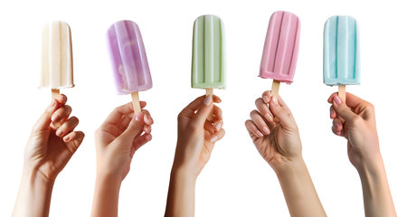 Collection set of hand holding colourful pastel Ice popsicle lolly ice cream on transparent background cutout, PNG file. Many different flavour. Mockup template for artwork graphicの写真素材