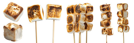 Toasted melty marshmallow on stick, sweet dessert. Many assorted different angles, stack.の写真素材