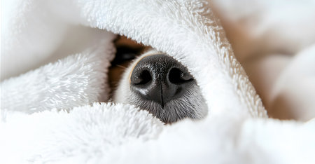 Creative animal concept. Cute nose of dog puppy peeking out from fluffy white towel in cozy setting. copy text space. long banner wallpaperの写真素材