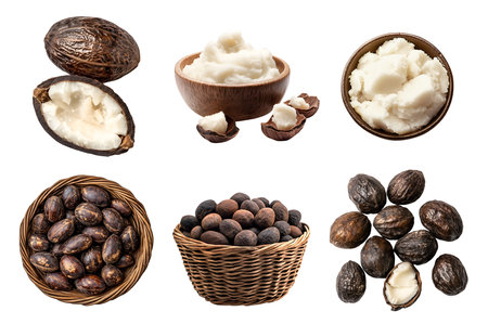 Shea nut seed plant kernel, many angles and view side top pile stack, basket, with husk shell, unshelled, butterの写真素材