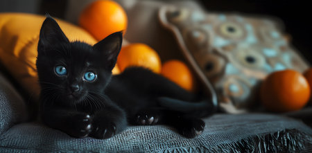 Creative animal concept. Cute black furry cat kitty kitten with blue eyes lying in living room sofa...