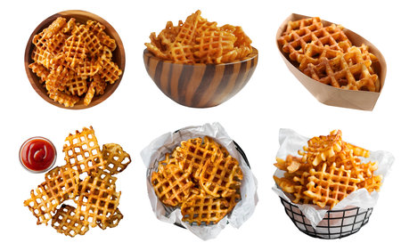 Criss cut waffle potato fries, many angles and view pile, metal tray, paper boat, tomato ketchup, bowl, baked fried on transparent cutout, PNG file. Mockup template for artwork desの写真素材
