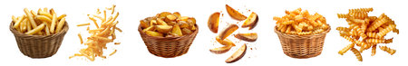 Collection of 3 potato fry chips set, french fries, Potato wedges, Crinkle cut wavy in stack pile and basket on background cutout. Mockup template for artwork desigの写真素材