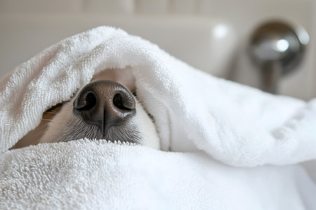 Creative animal concept. Cute nose of dog puppy peeking out from fluffy white towel in bathroom setting. copy text space. long banner wallpaperの写真素材
