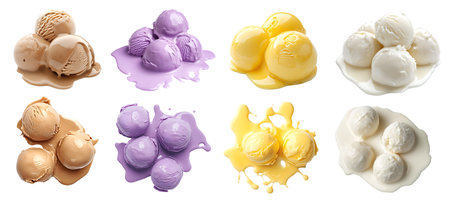Set of pile stack of melt melting Ice cream scoop balls, top front view on cutout. Many different flavour, vanilla, Lemon, Mocha, coffee, coconut. Mockup templateの写真素材