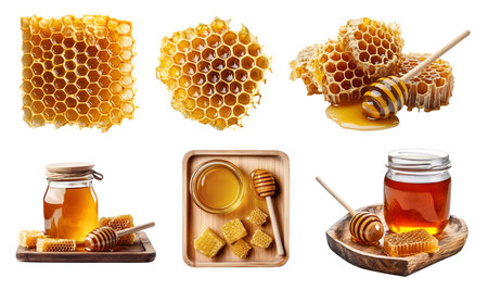 Collection set of Honeycomb beeswax, honey dripping drip dipper, jar bottle plate serve on cutout file. Many style. Mockup template for artwork.の写真素材