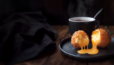 Creative food Concept. Cheesy mashed fried potato puff balls with cheese dripping flowing out on wooden dark background with cup of tea and linen cloth. copy text spaceの写真素材