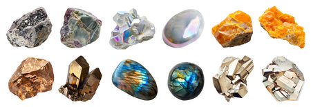 Collection of gemstone mineral rocks crystal semi-precious stones on cutout. labradorite, Pyrite, Peristerite, Simpsonite, Oligoclase, Pyrophyllite. Many style.の写真素材