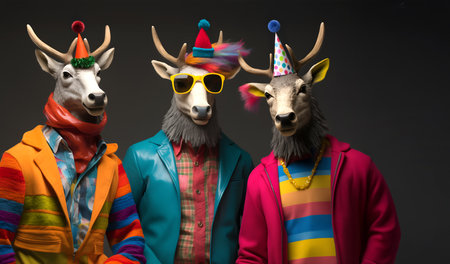 Creative animal concept. Group of elk in funky Wacky wild mismatch colourful outfits on bright background advertisement, copy space. birthday party invite invitation bannerの素材