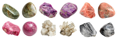 Collection of gemstone mineral rocks crystal semi-precious stones on cutout. Rhodonite, Serpentine, Stichtite, Serandite, Sillimanite, Strontianite. Many style. Mockupの写真素材