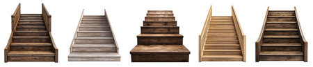 Set collection of rustic wood wooden step stairs stairway staircase, front view on cutout file. Many different style. Mockup template for designの写真素材