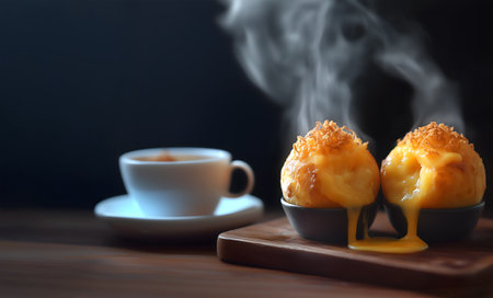 Creative food Concept. Steamy smoking smoke Cheesy mashed fried potato puff balls with cheese dripping flowing out on wooden dark background with cup of tea. copy text spaceの写真素材