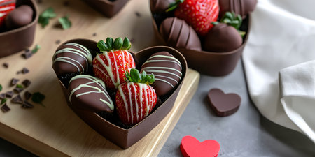 Creative food holiday concept. Chocolate covered strawberry strawberries in heart love shape box and...