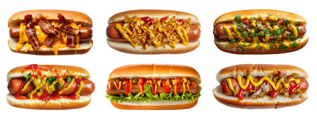Set of hotdog hot dog bun sandwich, top view with different ingredients vegetable beef pork onion cheese lettuce mustard ketchup on cutout. Mockup templateの写真素材