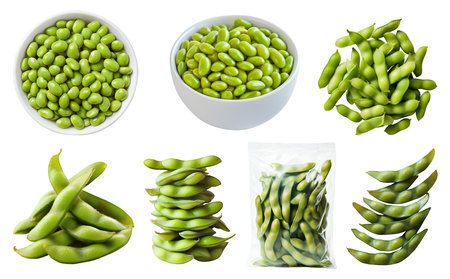 Edamame young soybeans vegetable plant pod seed bean, many angles view, stack pile bowl, plastic wrap package isolated on cutout file. Mockup template for artworkの写真素材