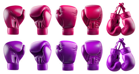 2 Set of pink magenta purple boxing leather gloves, front back side, hanging view on cutout file. Many different angle. Mockup template for artwork designの写真素材