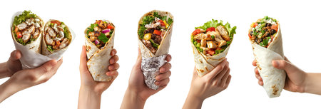 Collection set of hand holding burrito shawarma gyros wrap, different ingredients kebab beef cheese lamb chicken tomato chili vegetable lettuce on cutout. Mockup templateの写真素材