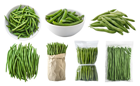 Long green string french bean fruits stem, many angles view side top front, bowl, paper plastic package pack wrap, bundled isolated on cutout file. Mockup templateの写真素材