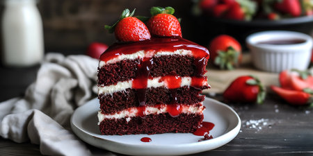 Creative food concept. Slice of red velvet strawberry cake drizzle with cream cheese jam and fruit on blurred wooden rustic background with linen cloth. copy text spaceの写真素材