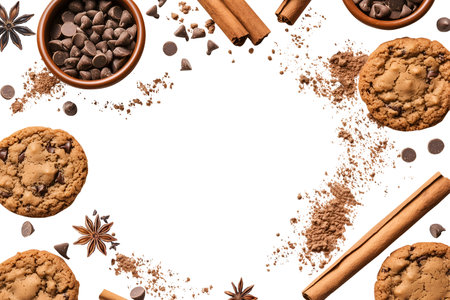 Chocolate chip cookie food biscuits, cocoa powder, cinnamon, star anise ingredient, broken pieces scattered flat lay top view on template cutout. Mockup frameの写真素材