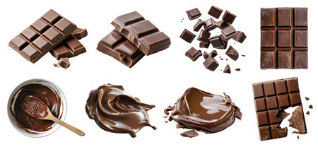 Chocolate bar piece block, melt pieces drip, pile stack group cream blob, cocoa sweet candy dessert on cutout. Many different style,. Mockup template for design artの写真素材
