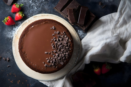 Creative food template. Moist rich blank Chocolate Cake with Ganache with cocoa chips bar on on dark concrete with linen cloth and strawberry fruit. copy text space. Top overhead vの写真素材