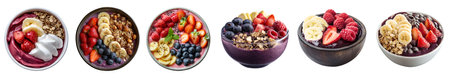 Set of Bowl of Acai smoothie yoghurt yogurt, top front view, different ingredient seed, colourful fruits, banana blueberry raspberry, nuts on cutout. Mockup templateの写真素材