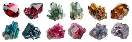Collection of gemstone mineral rocks crystal semi-precious stones. cutout. Spurrite, Proustite, Scheelite, Vivianite, Scorodite, VaÌyrynenite. Many style. Mockupの写真素材