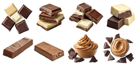 Milk white toffee Chocolate bar piece block, melt pieces, pile stack group cream, cocoa sweet candy dessert on cutout. Many different style, Mockup template for artworkの写真素材