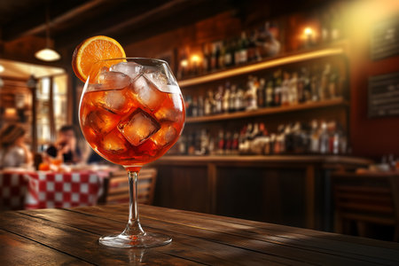 Creative food template. Glass of spritz cocktail mocktail with slice of orange on dark lit bokeh blurred bar cafe restaurant with light shining. copy text space.の写真素材