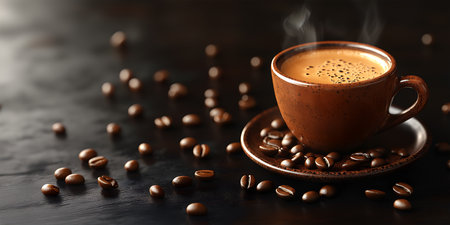 Creative food Concept. Steaming cup of coffee with many brown coffee beans scattered on dark concrete platform background. copy text spaceの写真素材