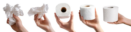 Collection set of hand holding Bathroom bath Tissues, Toilet Paper Roll, crushed crumpled cutout. Many different angle. Mockup template for design artworkの写真素材