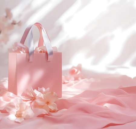 Creative floral concept. Pastel pink flowers with petals ribbon scattered and blank luxurious pink paper shopping bag on soft sunlight shadow shining. Mock up template presentationの写真素材