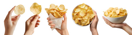 Set of hand holding Potato chip chips, in paper packet bag, bowl, individual, pile stack on cutout. Mockup template for artworkの写真素材