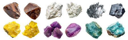 Collection of gemstone mineral rocks crystal semi-precious stones, cutout. Sulfur Sulphur, Smithsonite, Witherite, senarmontite, Zunyite, Taaffeite. Many style. Mockupの写真素材