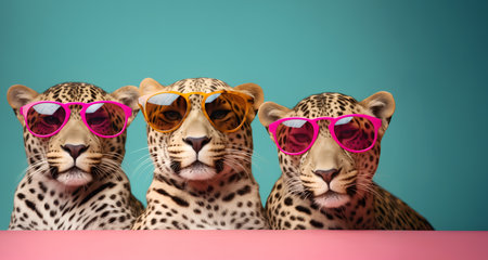 Creative animal concept. Group of jaguar friends in sunglass shade glasses isolated on solid background, commercial, editorial advertisement, copy text spaceの素材