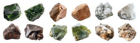 Collection of gemstone mineral rocks crystal semi-precious stones, cutout. Periclase, Staurolite, Siderite, Uvarovite Garnet, Whewellite, Zektzerite. Many style.の写真素材