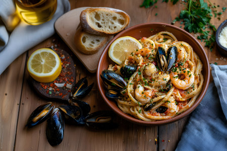 Creative food Concept. Seafood bolognese tomato sauce pasta spaghetti with mussels, shrimp, sprinkled parsley parmesan cheese on rustic wooden table top with ingredients lemon breaの写真素材