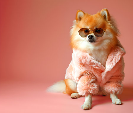 Creative animal concept. Pomeranian dog puppy in luxury wealthy fancy chic luxurious impeccable fur leather fabrics outfits isolated on bright background advertisement, copy text sの素材
