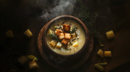 Creative food template. Hot steamy creamy vegan leek and potato soup with basil herbs, bread croutons on rustic dark wooden bowl background with ingredient. copy text spaceの写真素材