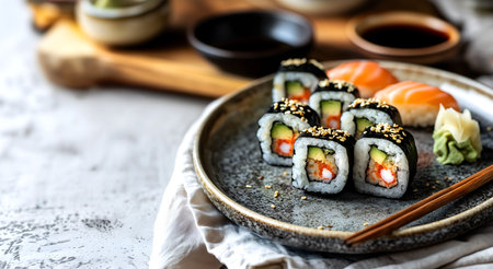 Creative food template. Delicious Futomaki Maki roll wit sesame and salmon Nigiri sushi on ceramic plate with linen cloth, chopstick on cement concrete table. copy text spaceの写真素材