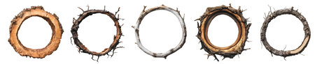 Set of round circle circular wooden rustic sign frame wood branch tree on background cutout file. Many assorted different Mockup template for artwork designの写真素材