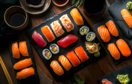 Creative food template. Delicious row of platter Maki roll Nigiri sushi with wasabi and ginger served with hot tea on dark wooden background. copy text space. overhead top view flaの写真素材