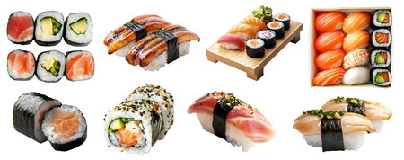 Collection set of Maki roll Nigiri sushi, many ingredient, wooden block, platter gift box, tuna salmon seaweed roe rice avocado on cutout. Mockup template for designの写真素材