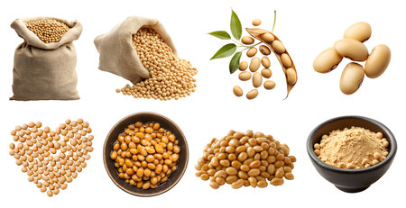 Soybean, soya soy bean, Glycine max legume seed plant vegetable, cooked, pile stack, burlap gunny sack, in pod on cutout. Mockupの写真素材