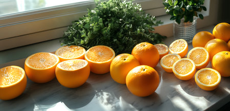 Creative food template. Fresh healthy cut slice rows of orange citrus fruit, with plants on kitchen countertop with sunlight shining. Long banner wallpaperの写真素材