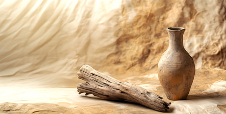 Creative minimal concept. Rustic vase with weathered driftwood on natural sand stone clay shadow background and sunlight shining. Mock up template. copy text spaceの写真素材