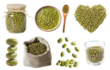 Mung moong bean, green gram, Vigna radiata legume seed plant pea vegetable, glass cup jar bottle, soup in bowl, heart love shape, burlap sack, pile stack on cutout. Mockupの写真素材