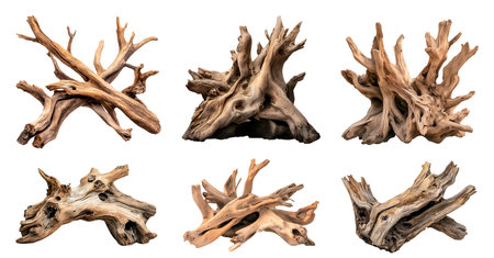 Natural Weathered aged driftwood curved rustic oak wooden tree log trunk stump wood withered sculpture on cutout file. Many assorted different Mockup templateの写真素材