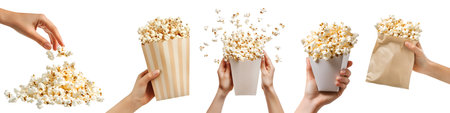 Set of hand holding Popcorn corn kernel grains in brown white stripe paper bag pack bucket, pile heap stack, fly scattered isolated on transparent cutout PNG. Mockup template for aの写真素材